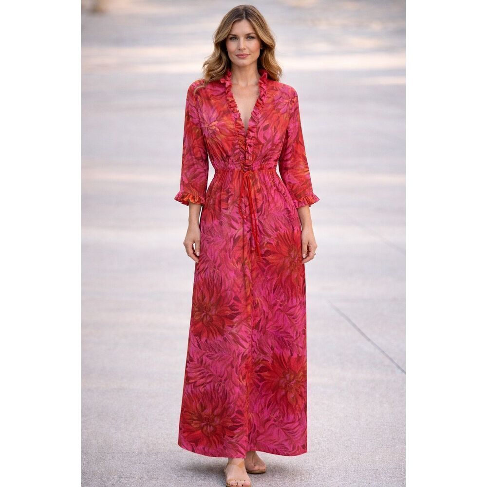 Vintage 70'sโJCPenney house dress Hawaiian floral maxi sz L loungewear robe vaca